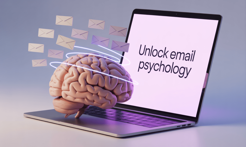 laptop with email inbox on the screen with a brain image hovering over the keyboard, with the words "unlock email psychology" above